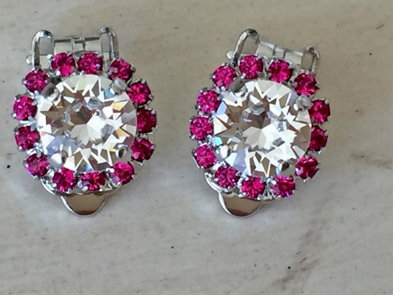 Clear and Fuchsia Crystal Halo Clip On Earrings, Silver
