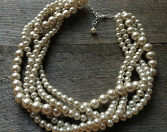 Champagne Chunky Pearl Necklace, Multi Strand Wedding Necklace, Pearl Statement Necklace on Silver or Gold Chain