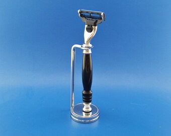 Handcrafted Razor Handle and stand, Buffalo Horn, Chrome, Mach3 or Fusion