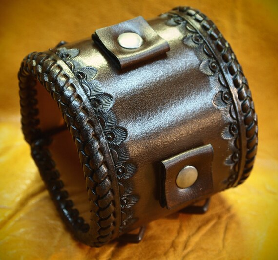 Leather cuff watch band - Vintage style, western stamped Rich Brown watchband - Best quality Made for YOU in USA by Freddie Matara