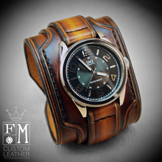 Leather cuff watch Burnt sunburst wide layered Brown watch band cuff Bracelet Handmade for YOU in USA by Freddie Matara