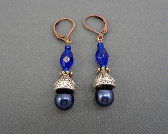 Drop Earrings With Blue Glass Beads and Glass Pearls