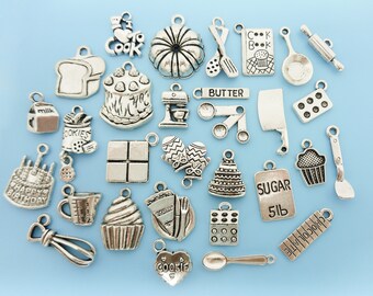 Cooking Baking Charm Set Lot Collection 30 Silver Cook Baker Chef Silver Charms Pendants cooking charms baking charms pendants