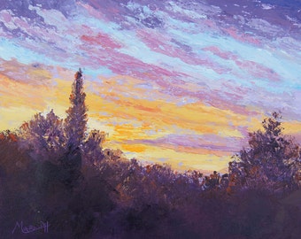 Sunrise sky Palette Knife Oil Painting, Impressionist Landscape, "Awakening" Provence skyscape original painting, by Marion Hedger 10x12inch