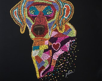Dot Pointillism, Acrylic Labrador, Dog, 12" square, black canvas paper dot art, pointillist art, pointillism, original art, original artwork