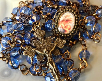 Beautiful Brass Wire Wrapped Blue Blessed Mother Rosary