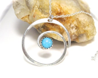 Sterling Silver Necklace Featuring Silver Spiral Pendant with Turquoise Gemstone