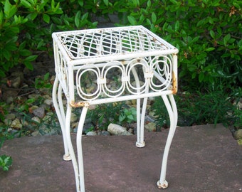 Vintage PLANT STAND -wrought iron -white metal plant stand -shabby plant stand -12 " high -cottage chic- retro -patio- garden decor