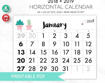 2018 + 2019 Calendario Horizontal Cactus (en inglés) | Printable Calendar | Calendario Pared Cactus Kawaii