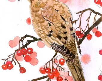 ACEO art print, Limited Edition 2/25, Mourning dove in berries, Gift idea for nature lovers, Art print of an original ACEO watercolor