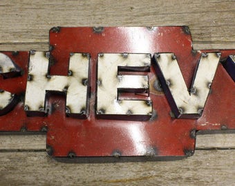 Recycled Tin Metal CHEVY Bow Tie Sign Gas Oil Garage Man Cave Home Decor