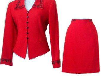 Red - Wool Suit - Jacket - Skirt - Petite - Sz 6 - Black Beading - KASPER ASL - Crepe - Tailored - Holiday - Wedding - Retro Style -