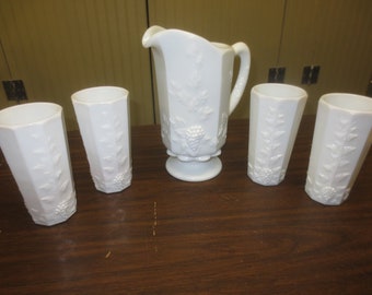 WESTMORELAND White Milk Glass Grape Paneled PITCHER & 4 TUMBLER Set
