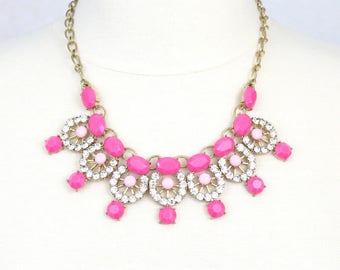 Pink Rhinestone Necklace Cabochon Statement Necklace Fuchsia Necklace