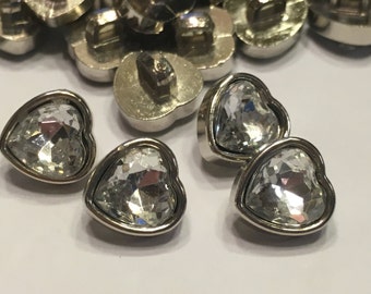 10 heart shaped acrylic rhinestone buttons, 10 mm (B7)