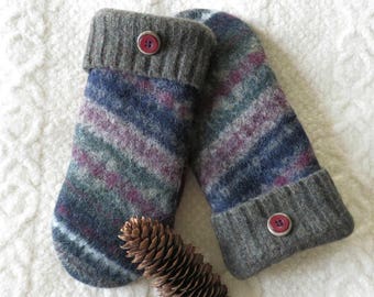 Fair Isle Sweater Wool Mittens in Navy Blue, Burgundy and Moss Green, Eco-Friendly Lined Felted Wool Mittens