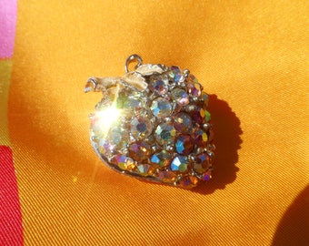 Strawberry fruit brooch of aurora borealis stones, enameled leaves and stem