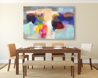 Large abstract painting blue, beige, yellow