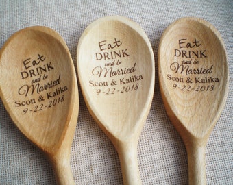 Custom Wood Spoon Engraved Spoons Personalized Eat Drink & Be Married Bridal Shower Favor Wedding gift Guest Favor Newlywed Gift for Couples