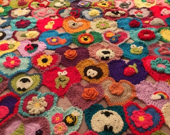 Crochet afghan , weighted blanket, hearts and appliqués , rainbow colours , wool, granny squares