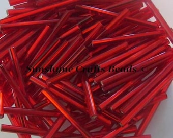 30MM Preciosa Czech Glass Seed Beads SILVERLINED LIGHT RED Bugle 100 Pcs - 47-B302