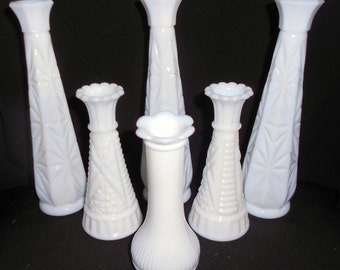 6 Vintage Milk Glass Bud Vases Instant Collection Rustic Wedding Center Piece Display