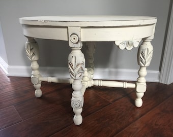 CARVED Solid Wood Coffee Table Annie Sloan Off White CHALK Painted Small Rustic Farmhouse Shabby Cottage Chic Furniture CHIPPY Side Table