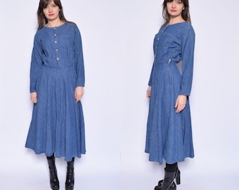 Vintage 70's Blue Denim Dress / Button Denim Dress / Jean Button Dress/Full Circle Denim Dress - Size Extra Small/XS