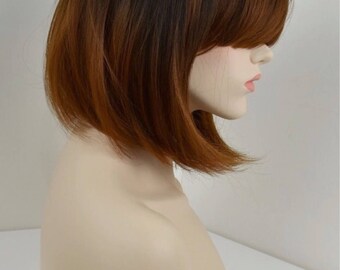 Textured bob wig with heavy fringe/Bangs - Ombre Root Smudge/Shadow - Balayage - Synthetic Heat Resistant Japanese Fiber 1b/30