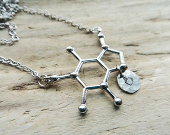 Caffeine Molecule Pendant - Molecule Science Student Chemistry Jewelry- Science Coffee Tea Cup Stamped Necklace Jewelry