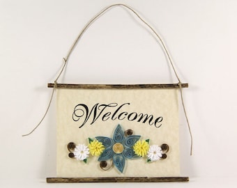 Paper Quilled Welcome Sign, 3D Quilled Banner, Paper Flower Decor, Rustic Wall Art, Blue Yellow White Decor, Housewarming Gift, Entryway Art
