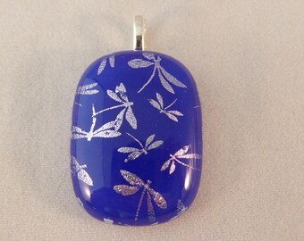 Blue & Silver Dichroic Fused Glass Necklace Pendant, Dragonflies, Fused Glass, Dichroic Pendant, Dragonfly Pendant, Blue, Dragonflies