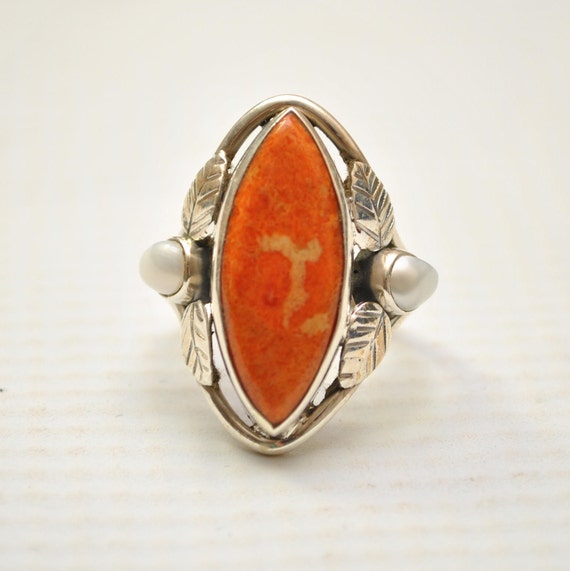 Sterling Silver Italian Coral and Pearl Sz 6 #9245