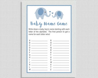Blue Elephant Baby Name Game, Baby Shower Activity, A to Z Game, Blue and Grey Chevron Game, DIY Printable, INSTANT DOWNLOAD