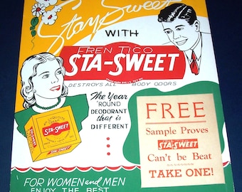 1940s Sta-Sweet deodorant store display sign