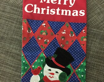 Vintage 1980s Christmas Stocking Russ SNOWMAN Patchwork Calico Velvet Applique Taiwan