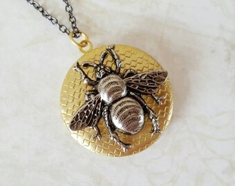 Large bee locket, brass locket, gold bee locket, huge pendant, silver bee locket, bumble bee locket, bee pendant locket, gift for her