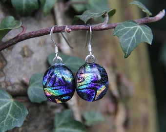 Bright rainbow dichroic glass earrings, rainbow dangly earrings, dichroic drop earrings birthday gift,fused glass earrings, glass jewellery