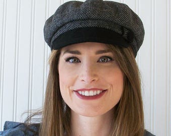 Black and Gray Wool Newsboy Hat, Womens Hat, Newsboy Cap, Womens Cap