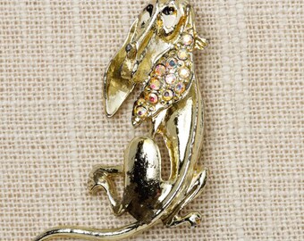 Rhinestone Dog Brooch Vintage Silver Basset Hound Broach Vtg Pin 7P