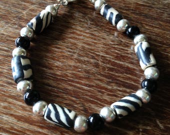Black and White Sterling Silver Beaded Bracelet