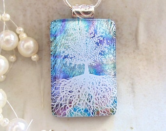 Tree of Life Fused Dichroic Glass Pendant, Fused Glass Jewelry, Necklace, Lavender, Silver, Necklace Included, A9