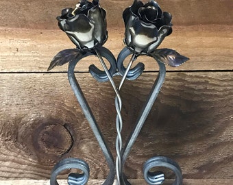 Entwined stem steel roses with heart scroll stand steel anniversary 11th anniversary metal art wedding gift marriage Valentine's Day gift