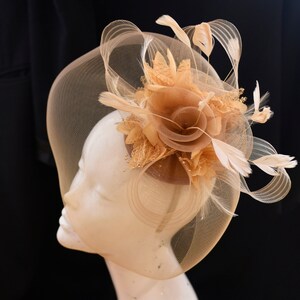 Beige Camel Fascinator Hat Veil Net Hair Clip Ascot Derby Races Wedding Headband Feather Flower