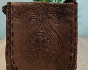70s Brown Tooled Leather Handbag