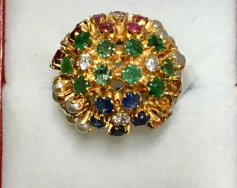 Vintage 18k diamond multi gemstone dome ring Bombe Style