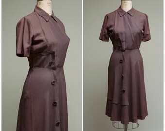 Vintage 1940s Dress • Capucine • Brown Rayon Faille War Era 40s Day Dress Size Medium
