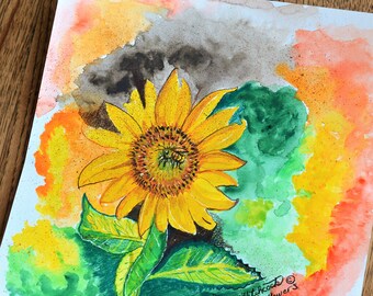 Floral Painting, Sunflower Painting, Bee Painting, ORIGINAL Painting, ORIGINAL Floral, Bumble Bee Art, Bee On Sunflower, ORIGINAL Watercolor