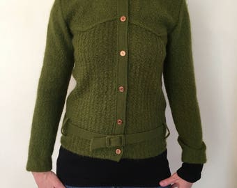 1960s green cardigan sweater with belt by Jane Irwell