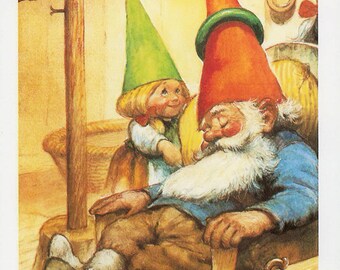 Vintage art print 80s. David the gnome taking a nap. By Rien Poortvliet.